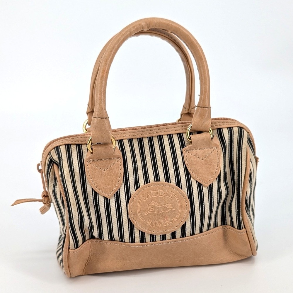 Y2K Saddle River Mini Satchel Bag Striped Canvas Tan Trim Small Handbag